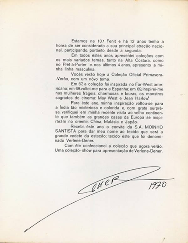 Dedicatória de Dener Pamplona de Abreu à S.A. Moinho Santista. Brasil; s.a.; 1970. Coleção S.A. Moinho 